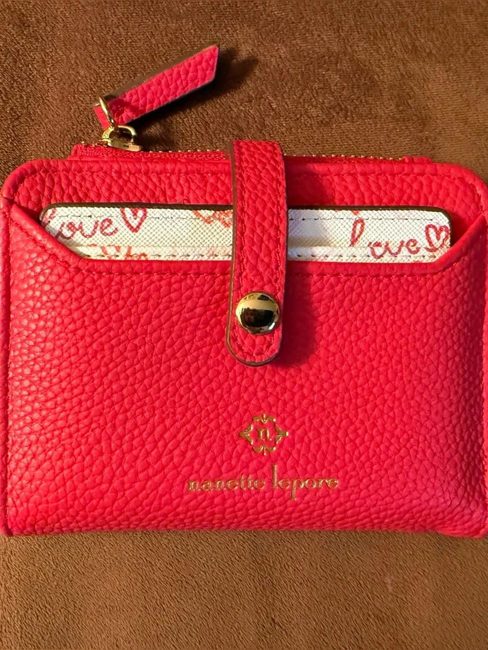 Nanette Lepore Red Pebbled Faux Leather Snap & Zip Card Wallet